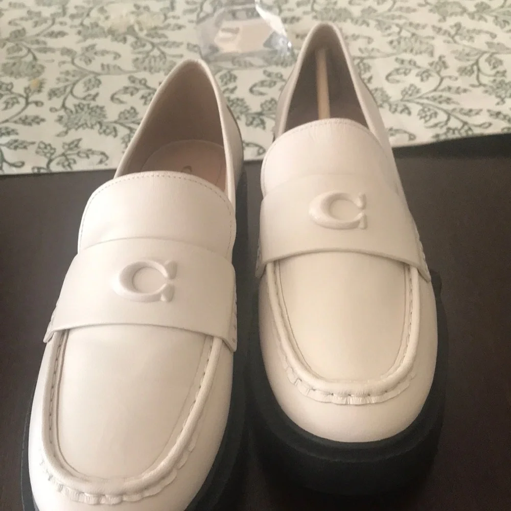 Coach White Leather Penny Loafers with Black Soles - Picture 9 of 9